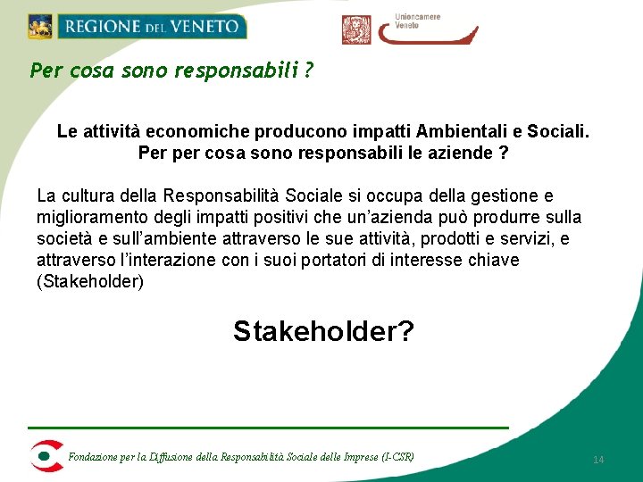 Per cosa sono responsabili ? Le attività economiche producono impatti Ambientali e Sociali. Per Per cosa sono responsabili ? Le attività economiche producono impatti Ambientali e Sociali. Per