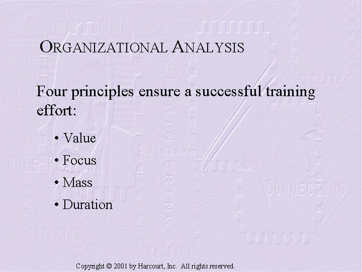 ORGANIZATIONAL ANALYSIS Four principles ensure a successful training effort: • Value • Focus •