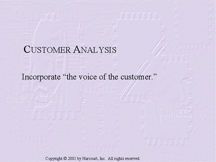 CUSTOMER ANALYSIS Incorporate “the voice of the customer. ” Copyright © 2001 by Harcourt,