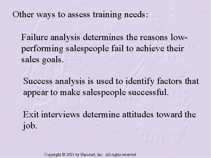 Other ways to assess training needs: Failure analysis determines the reasons lowperforming salespeople fail