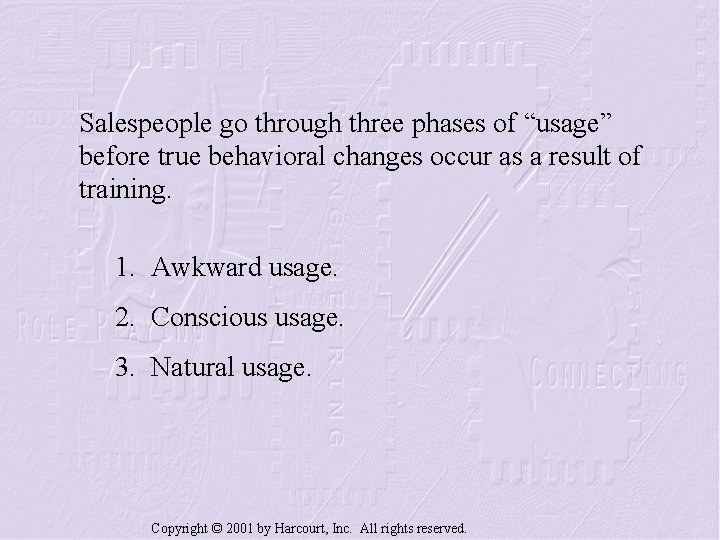 Salespeople go through three phases of “usage” before true behavioral changes occur as a