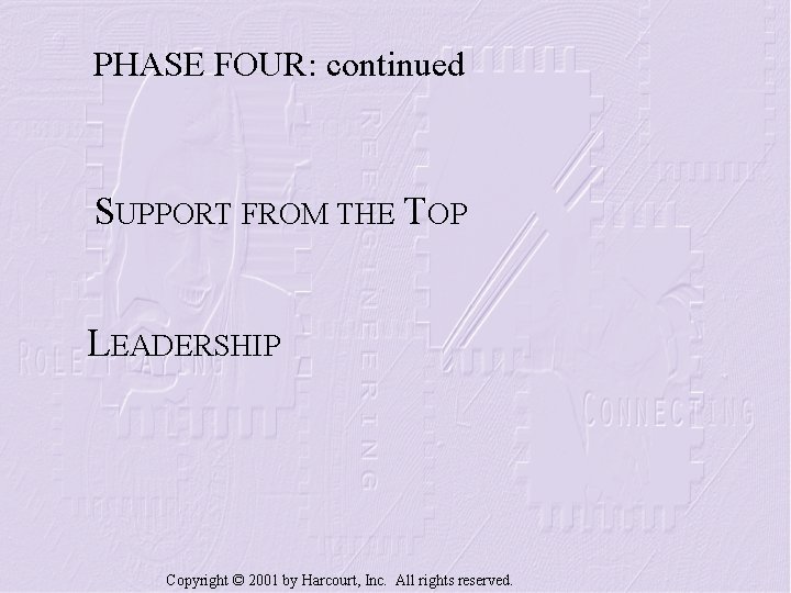 PHASE FOUR: continued SUPPORT FROM THE TOP LEADERSHIP Copyright © 2001 by Harcourt, Inc.