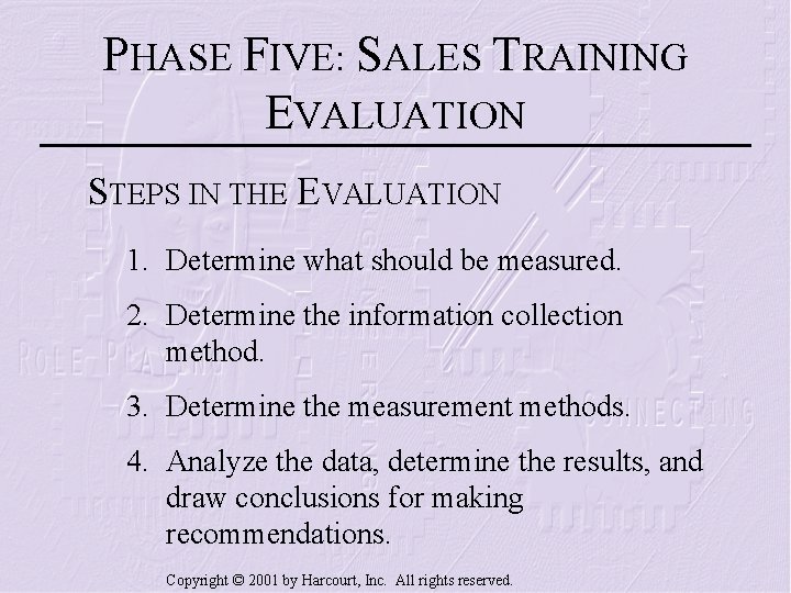 PHASE FIVE: SALES TRAINING EVALUATION STEPS IN THE EVALUATION 1. Determine what should be