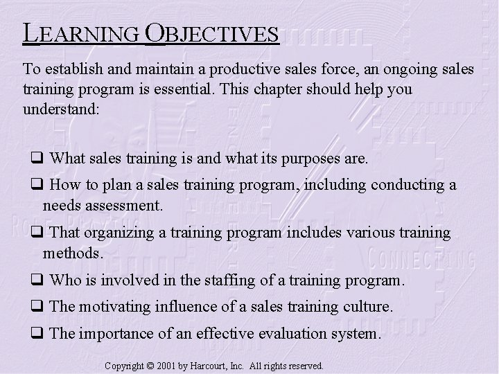 LEARNING OBJECTIVES To establish and maintain a productive sales force, an ongoing sales training