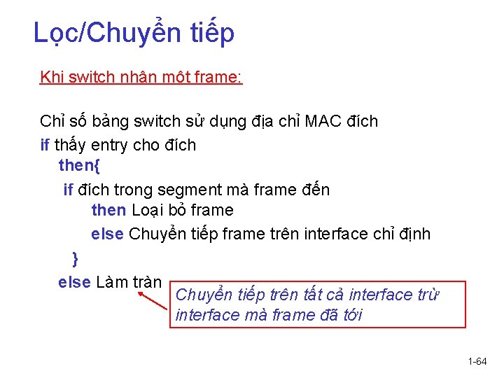 Lọc/Chuyển tiếp Khi switch nhận một frame: Chỉ số bảng switch sử dụng địa