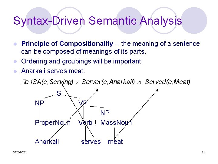 Syntax-Driven Semantic Analysis Principle of Compositionality -- the meaning of a sentence can be