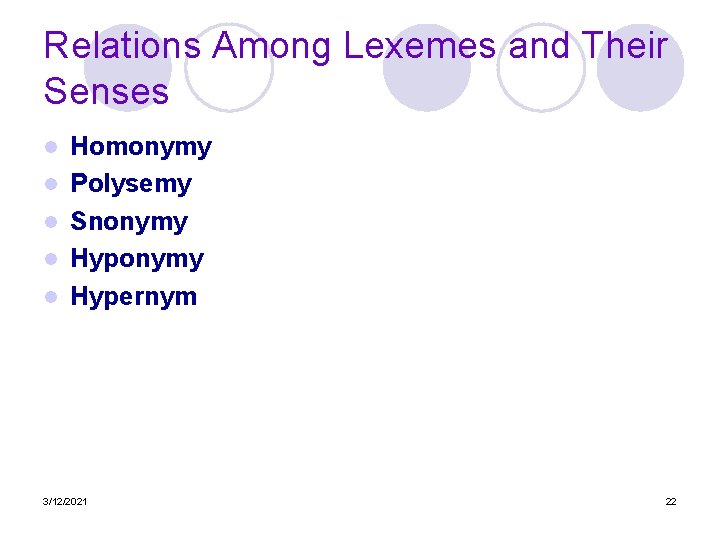 Relations Among Lexemes and Their Senses l l l Homonymy Polysemy Snonymy Hypernym 3/12/2021