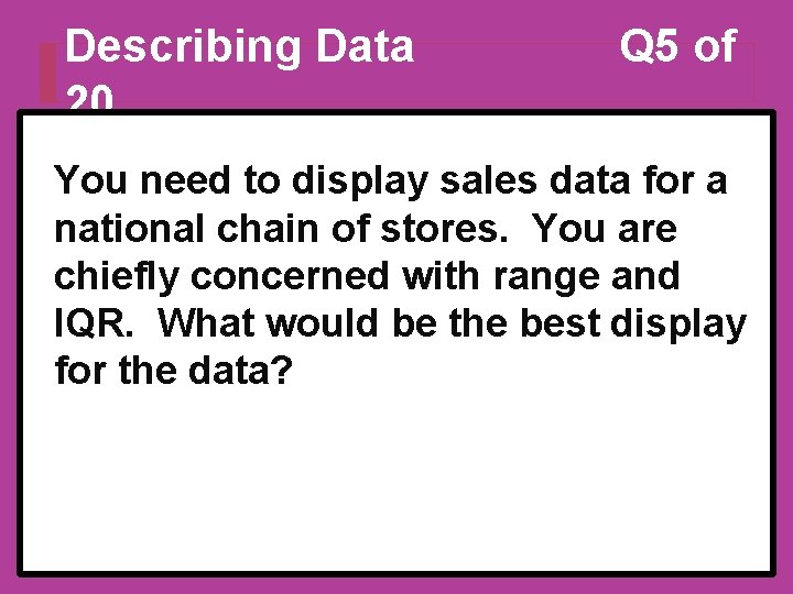 Describing Data 20 Q 5 of You need to display sales data for a