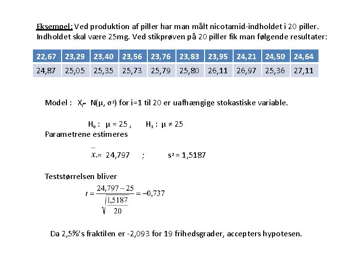 Eksempel: Ved produktion af piller har man målt nicotamid-indholdet i 20 piller. Indholdet skal