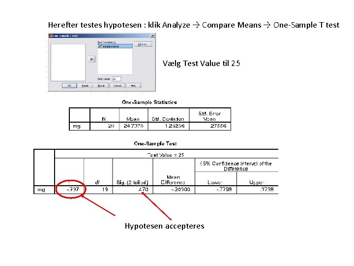 Herefter testes hypotesen : klik Analyze → Compare Means → One-Sample T test Vælg