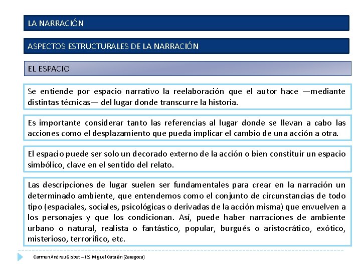 LA NARRACIÓN ASPECTOS ESTRUCTURALES DE LA NARRACIÓN EL ESPACIO Se entiende por espacio narrativo LA NARRACIÓN ASPECTOS ESTRUCTURALES DE LA NARRACIÓN EL ESPACIO Se entiende por espacio narrativo