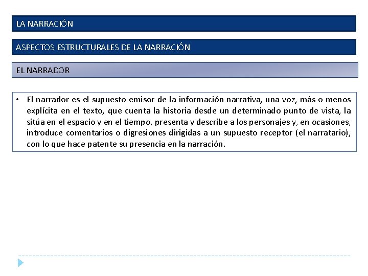 LA NARRACIÓN ASPECTOS ESTRUCTURALES DE LA NARRACIÓN EL NARRADOR • El narrador es el LA NARRACIÓN ASPECTOS ESTRUCTURALES DE LA NARRACIÓN EL NARRADOR • El narrador es el
