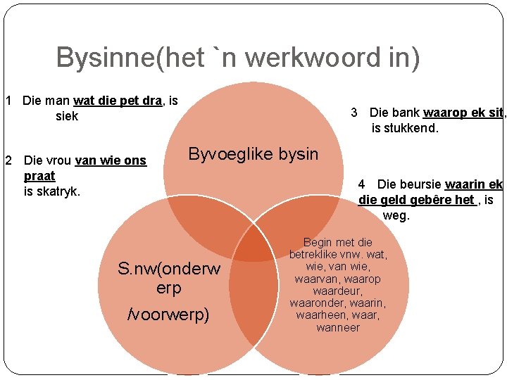 Bysinne(het `n werkwoord in) 1 Die man wat die pet dra, is siek 2