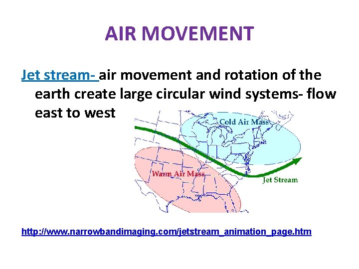 AIR MOVEMENT Jet stream- air movement and rotation of the earth create large circular AIR MOVEMENT Jet stream- air movement and rotation of the earth create large circular