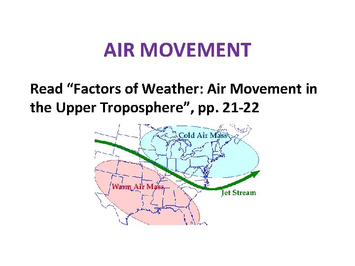 AIR MOVEMENT Read “Factors of Weather: Air Movement in the Upper Troposphere”, pp. 21 AIR MOVEMENT Read “Factors of Weather: Air Movement in the Upper Troposphere”, pp. 21