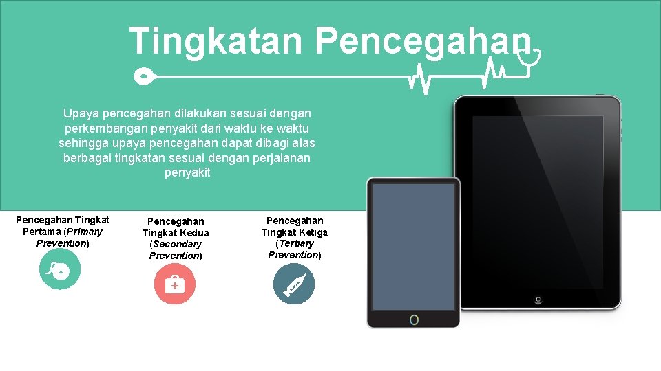 Tingkatan Pencegahan Upaya pencegahan dilakukan sesuai dengan perkembangan penyakit dari waktu ke waktu sehingga