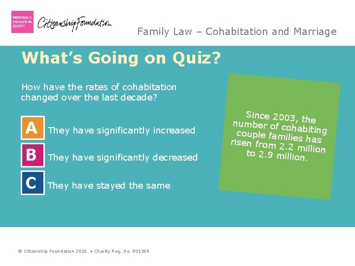 Family Law – Cohabitation and Marriage What’s Going on Quiz? How have the rates