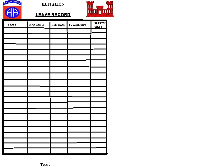 BATTALION LEAVE RECORD NAME START DATE TAB-J END DATE LV ADDRESS TELEPH ONE #