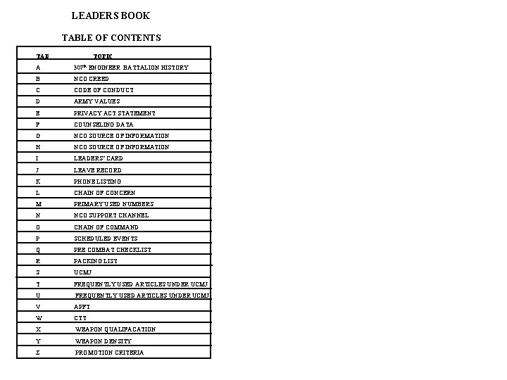 LEADERS BOOK TABLE OF CONTENTS TAB TOPIC A 307 th ENGINEER BATTALION HISTORY B