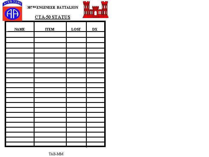 307 TH ENGINEER BATTALION CTA-50 STATUS NAME ITEM TAB-MM LOST DX 