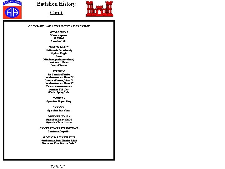 Battalion History Con’t C COMPANY CAMPAIGN PARTICIPATION CREDIT WORLD WAR I Muese-Argonne St. Mihiel