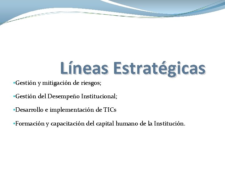 Líneas Estratégicas • Gestión y mitigación de riesgos; • Gestión del Desempeño Institucional; •