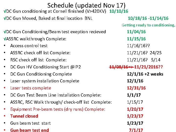 Schedule (updated Nov 17) √DC Gun conditioning at Cornell finished (V>420 KV) 10/10/16 √DC