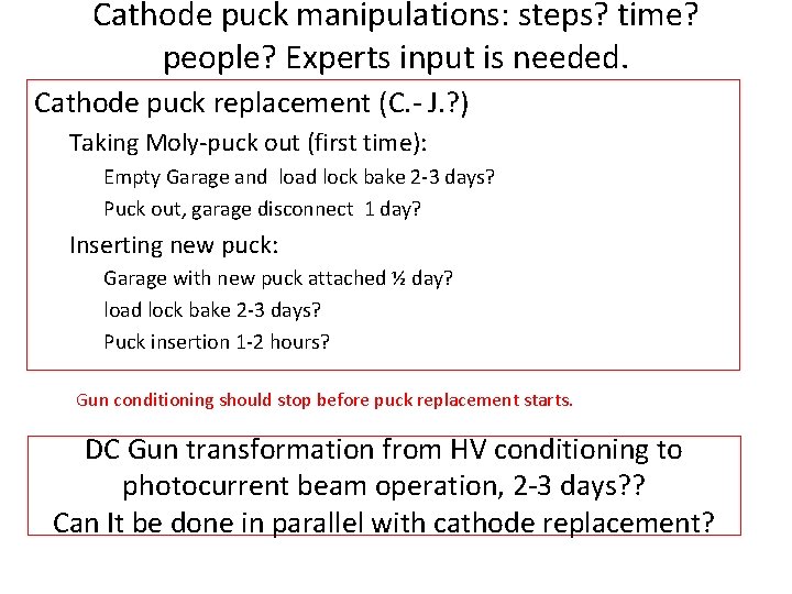 Cathode puck manipulations: steps? time? people? Experts input is needed. Cathode puck replacement (C.