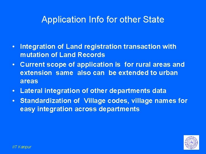 Application Info for other State • Integration of Land registration transaction with mutation of Application Info for other State • Integration of Land registration transaction with mutation of