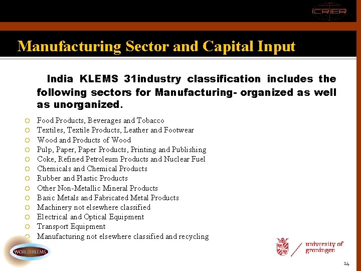 Manufacturing Sector and Capital Input India KLEMS 31 industry classification includes the following sectors