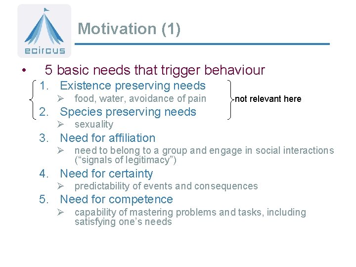 Motivation (1) • 5 basic needs that trigger behaviour 1. Existence preserving needs Ø