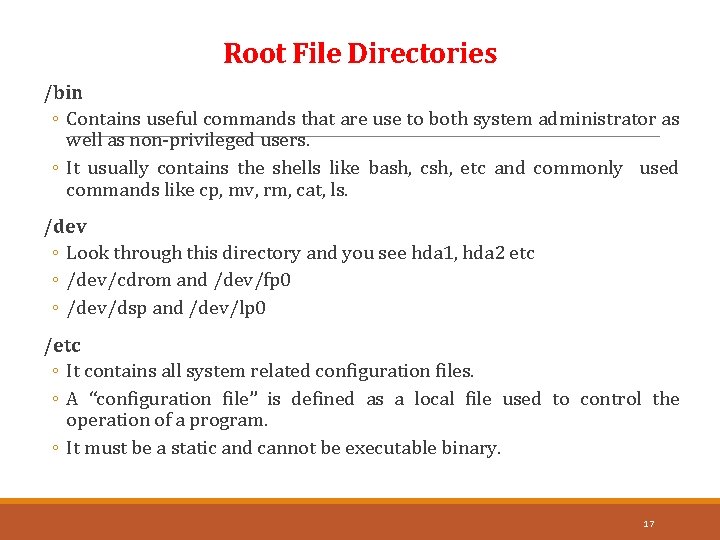 Root File Directories /bin ◦ Contains useful commands that are use to both system