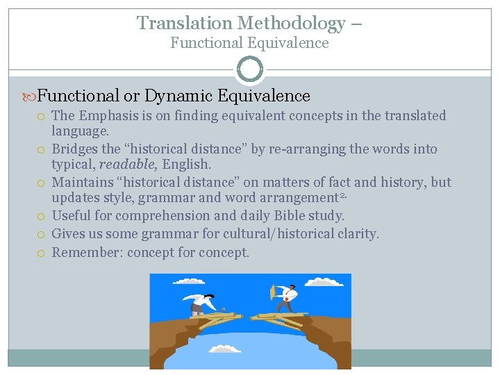 Translation Methodology – Functional Equivalence Functional or Dynamic Equivalence The Emphasis is on finding