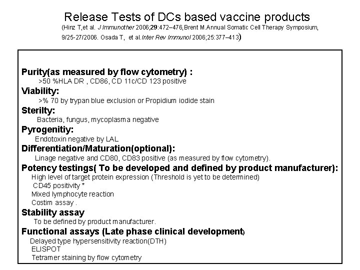 Release Tests of DCs based vaccine products (Hinz T, et al. J Immunother 2006;