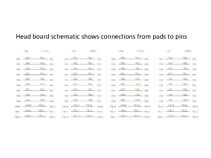 Head board schematic shows connections from pads to pins 