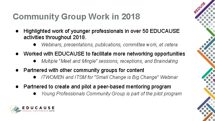 Community Group Work in 2018 ● Highlighted work of younger professionals in over 50