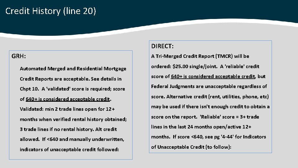 Credit History (line 20) DIRECT: GRH: A Tri-Merged Credit Report (TMCR) will be Automated