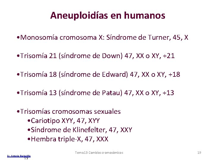 Aneuploidías en humanos • Monosomía cromosoma X: Síndrome de Turner, 45, X • Trisomía