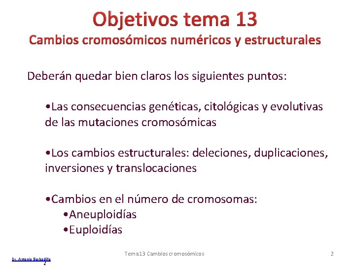 Objetivos tema 13 Cambios cromosómicos numéricos y estructurales Deberán quedar bien claros los siguientes Objetivos tema 13 Cambios cromosómicos numéricos y estructurales Deberán quedar bien claros los siguientes