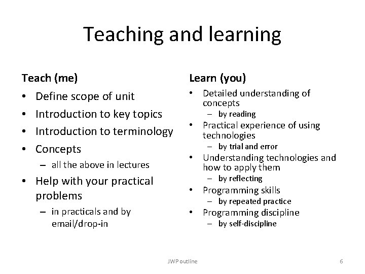 Teaching and learning Teach (me) • • Learn (you) Define scope of unit Introduction