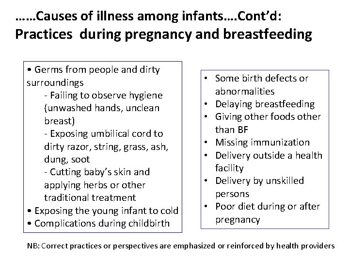 ……Causes of illness among infants…. Cont’d: Practices during pregnancy and breastfeeding • Germs from ……Causes of illness among infants…. Cont’d: Practices during pregnancy and breastfeeding • Germs from