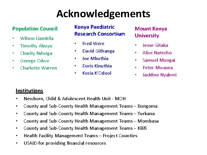 Acknowledgements Population Council Wilson Liambila Timothy Abuya Charity Ndwiga George Odwe Charlotte Warren • Acknowledgements Population Council Wilson Liambila Timothy Abuya Charity Ndwiga George Odwe Charlotte Warren •
