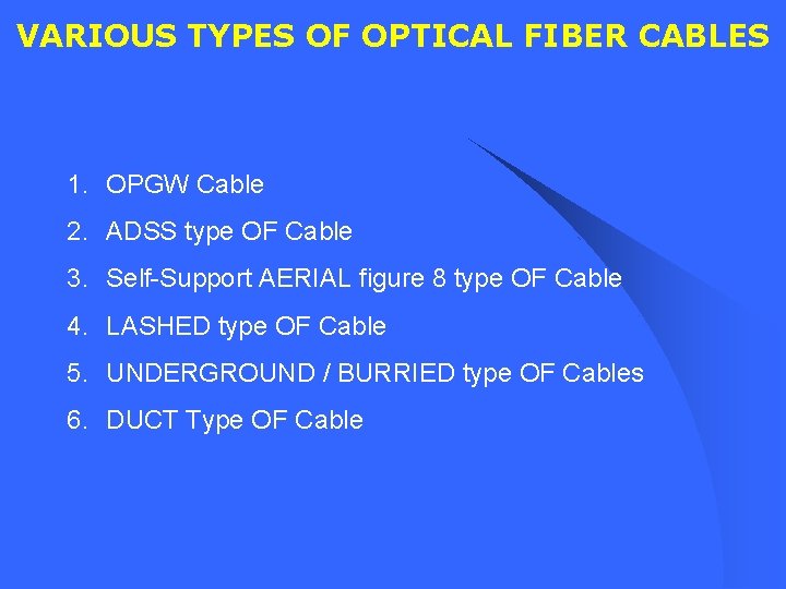 VARIOUS TYPES OF OPTICAL FIBER CABLES 1. OPGW Cable 2. ADSS type OF Cable