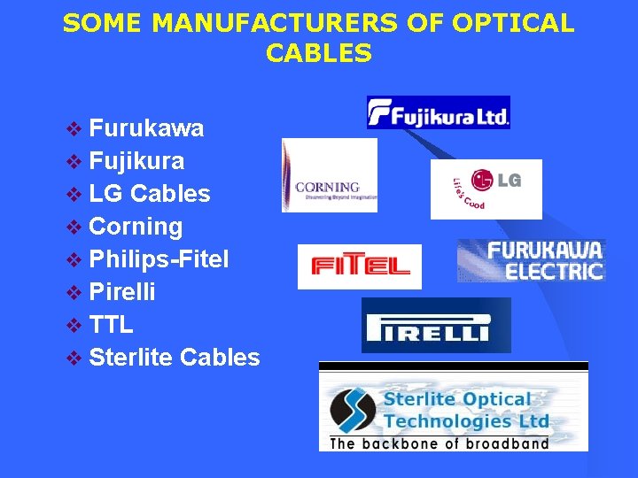 SOME MANUFACTURERS OF OPTICAL CABLES v Furukawa v Fujikura v LG Cables v Corning