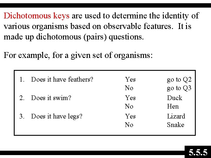 Dichotomous keys are used to determine the identity of various organisms based on observable