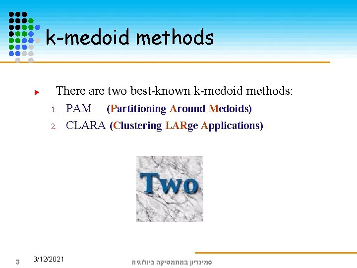 k-medoid methods There are two best-known k-medoid methods: 1. 2. 3 3/12/2021 PAM (Partitioning