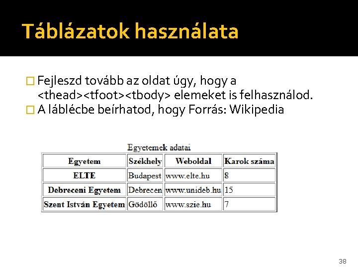 Táblázatok használata � Fejleszd tovább az oldat úgy, hogy a <thead><tfoot><tbody> elemeket is felhasználod.