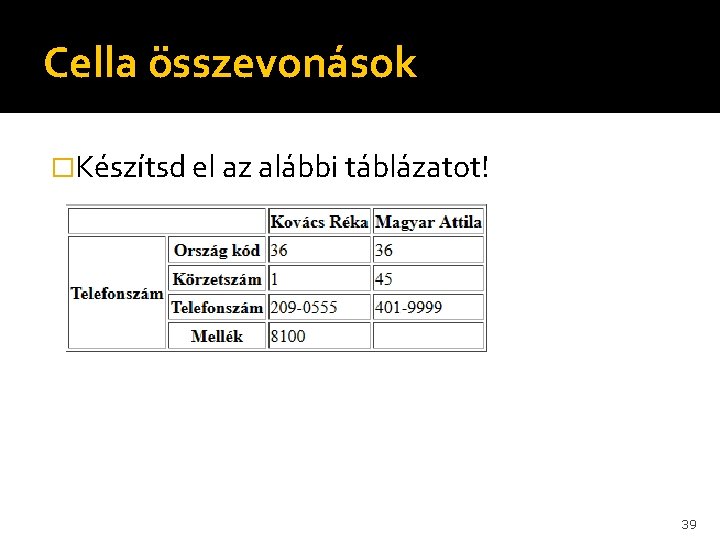 Cella összevonások �Készítsd el az alábbi táblázatot! 39 Cella összevonások �Készítsd el az alábbi táblázatot! 39