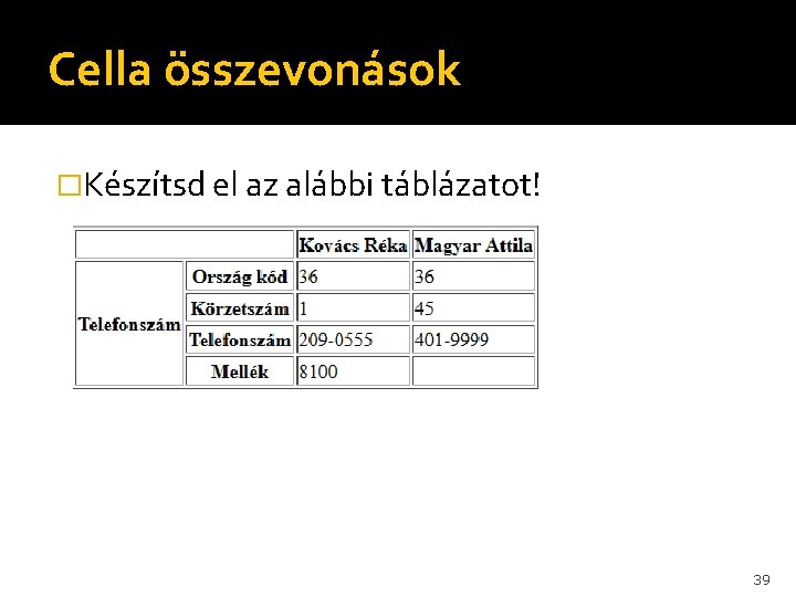 Cella összevonások �Készítsd el az alábbi táblázatot! 39 