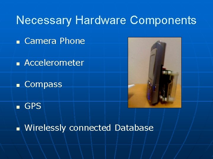 Necessary Hardware Components n Camera Phone n Accelerometer n Compass n GPS n Wirelessly Necessary Hardware Components n Camera Phone n Accelerometer n Compass n GPS n Wirelessly